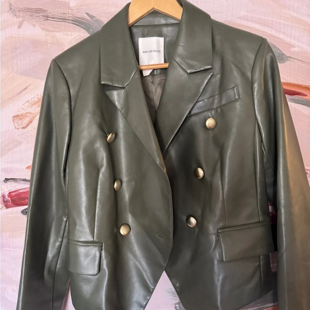 Avec Les Filles  Olive  faux Leather Jacket with Gold Buttons - Picture 3 of 11